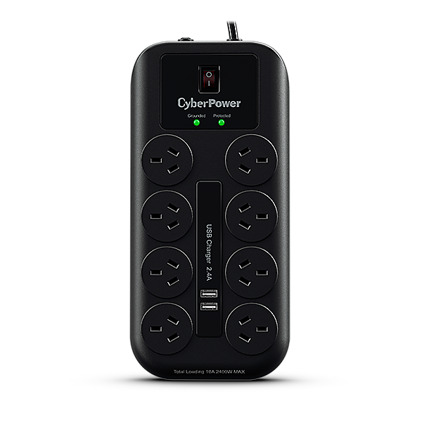 CyberPower 8-port Surge Protector with 2 x USB Charging Ports - 1 Yrs Adv. Replacement WTY
