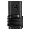 Black Dell charger with coiled cable on a white background