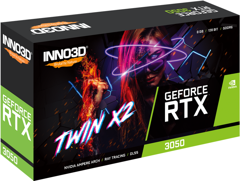INNO3D nVidia GeForce RTX 3050 TWIN X2 GPU 8GB GDDR6, 1777MHz Boost Clock, RAM 14Gbps, 1xDP, 1xHDMI, 1x DVI